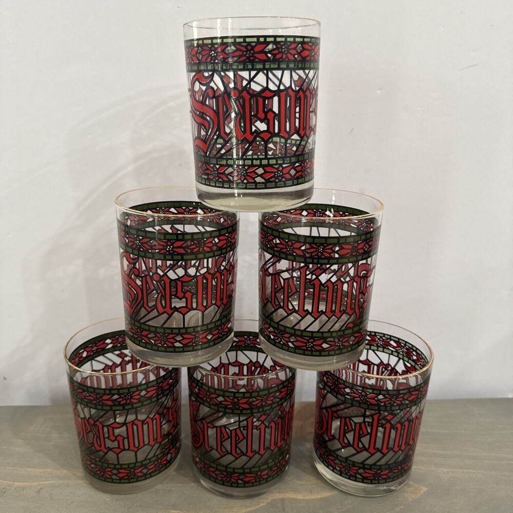 Houze “Seasons Greetings” Stained Glass looking Glasses Set Of 6 Old Fashioned